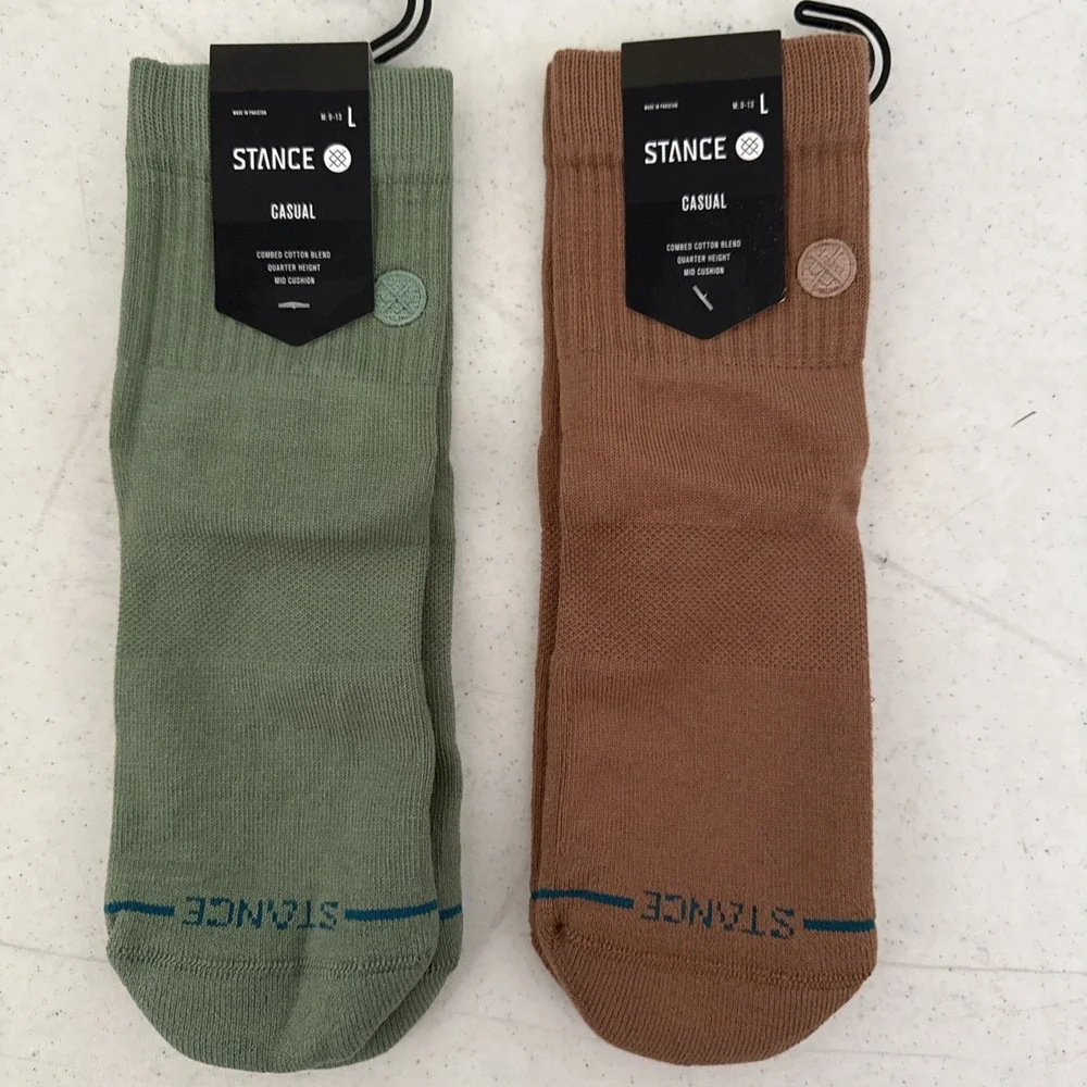 Stance Icon Quarter Casual Socks Sage Green And Brown Men's Size Large 2 Pairs